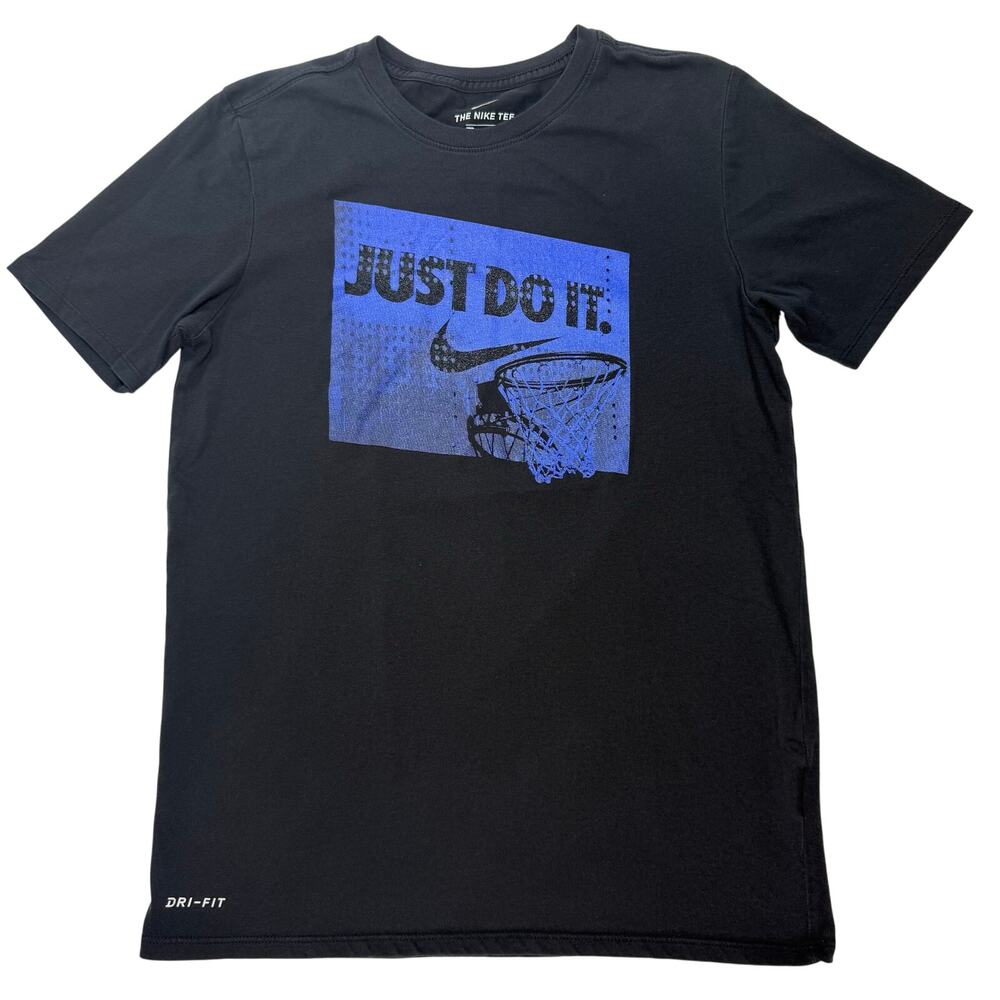 Nike Men’s Small Basketball T-Shirt Black “Just Do It” Purple Basketball Hoop